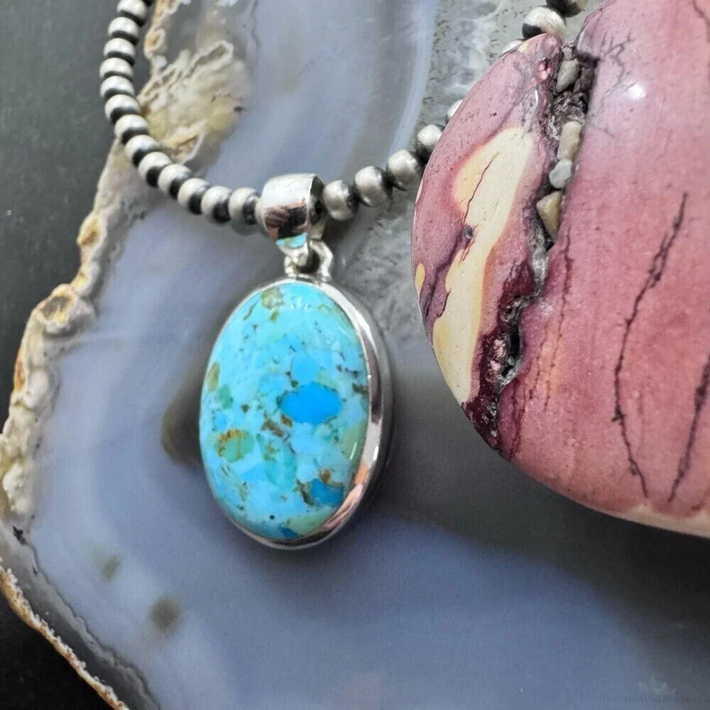 Sterling Silver Southwestern Style Large Oval Apatite Pendant For Women - Picture 5 of 10